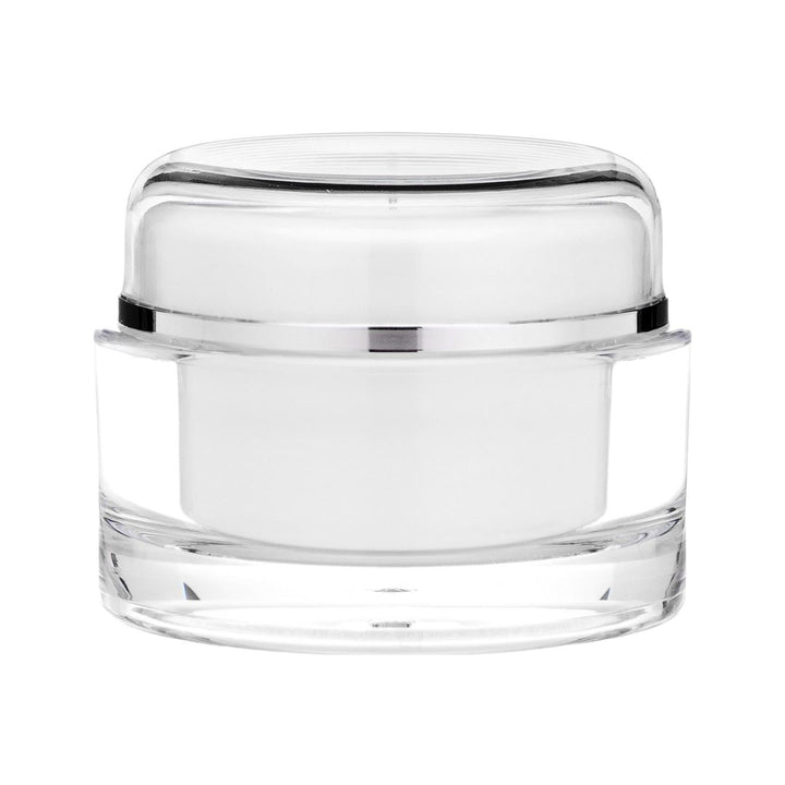 White Acrylic Inner Jar - Clear Outer - White Cap - Shiny Silver Band
