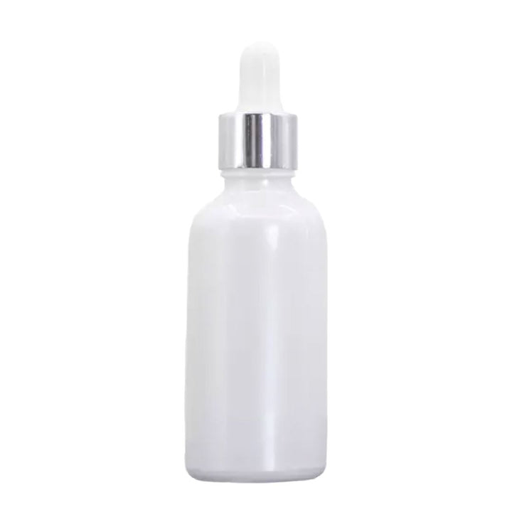 Shiny White Glass Boston Round Bottles with White Glass Dropper And Shiny Silver Skirt